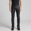 Model wearing Mens Black Leather Jeans in front view