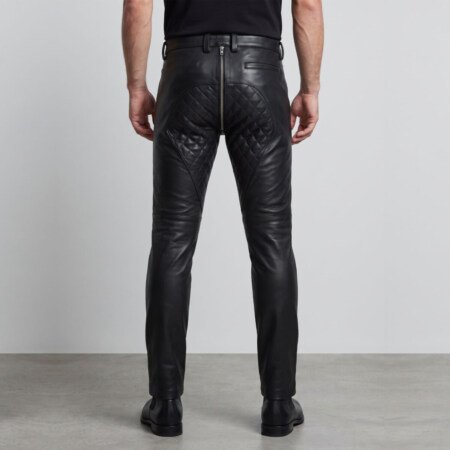 Back view of model wearing custom lambskin leather hot pants
