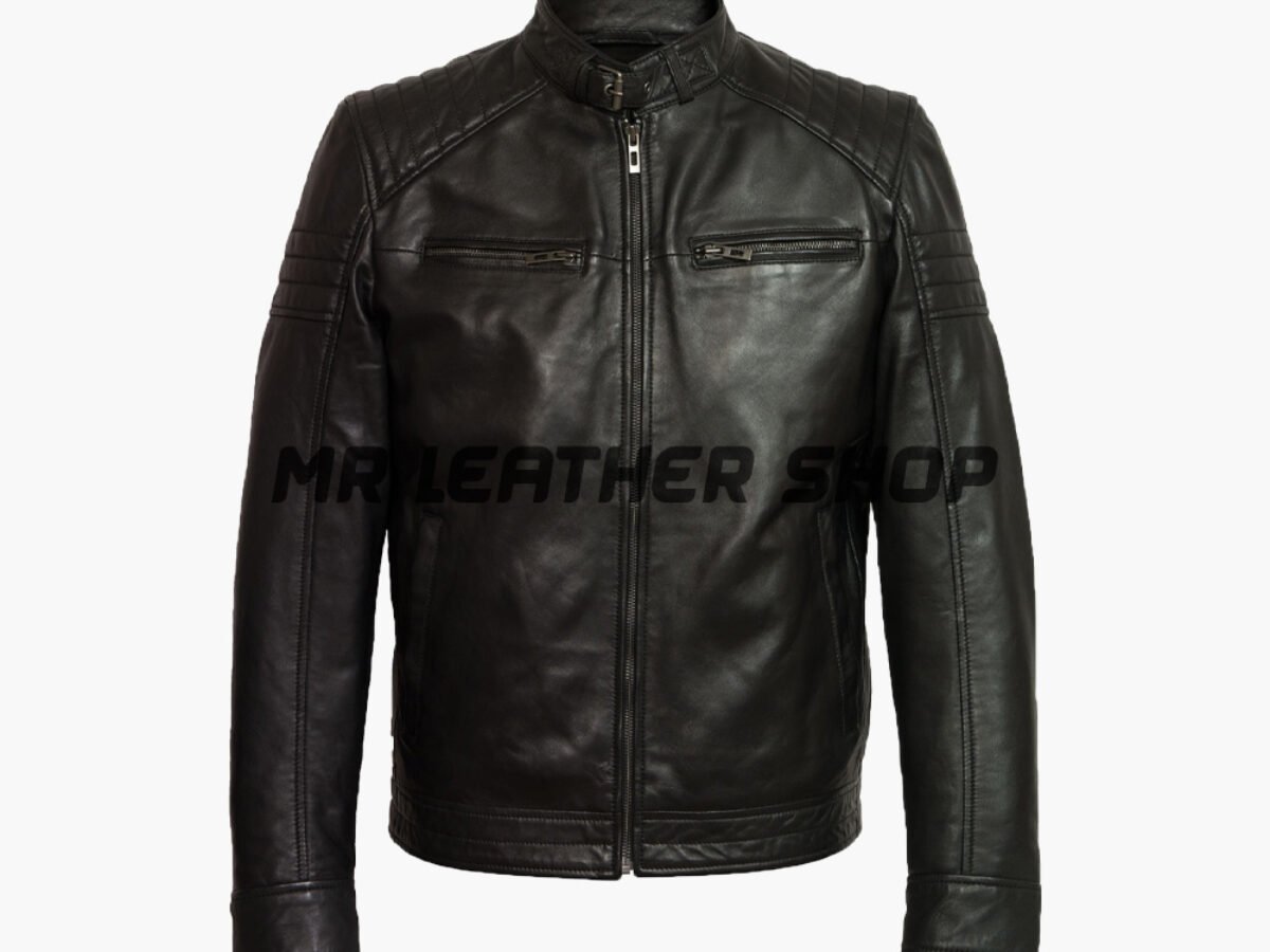 Black Leather Jacket - With Front Zipper And Neck Belt