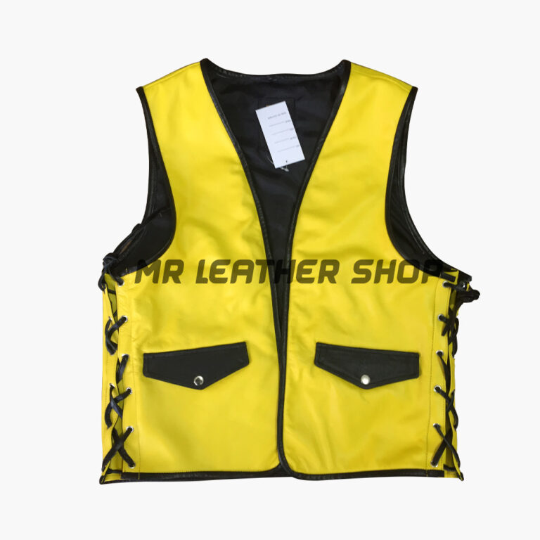 Custom Leather Vest Leather Vest With Yellow Color And Black Pocket