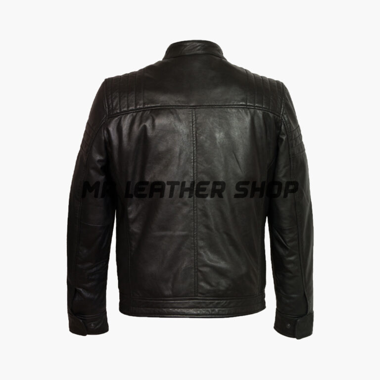 Black Leather Jacket With Front Zipper And Neck Belt
