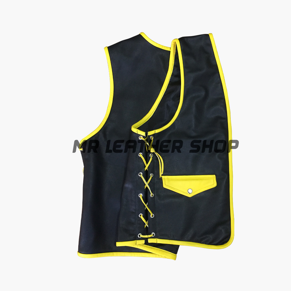 Leather Vest Leather Vest With Yellow And Black Color And Side Laces