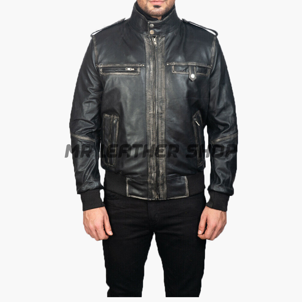 Vintage Black Biker jacket - With Vintage Style And Pocket Zipper