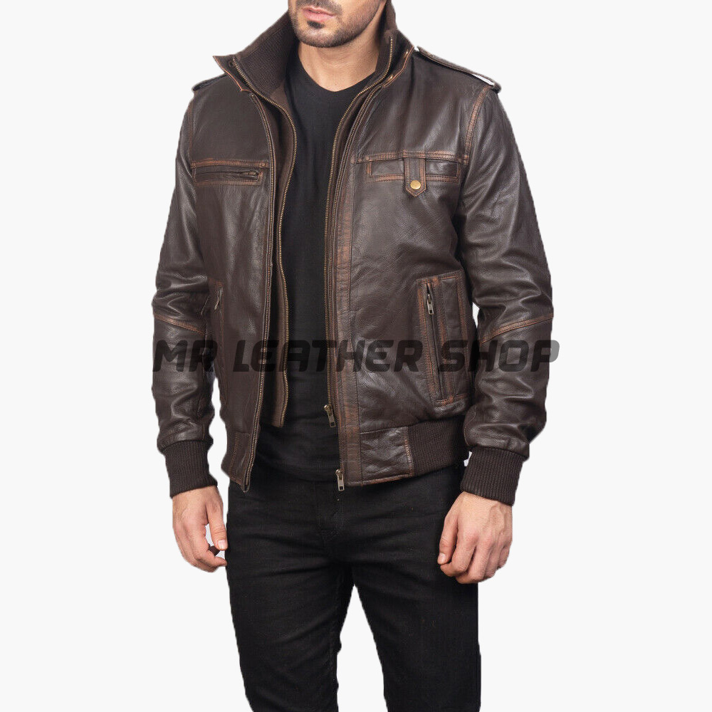 Leather Biker Jacket - With Front Zips And Elastic Rib