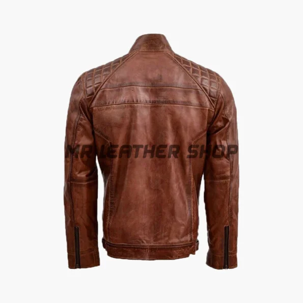 Brown Leather Jacket - With Front Zip And Quilted Design