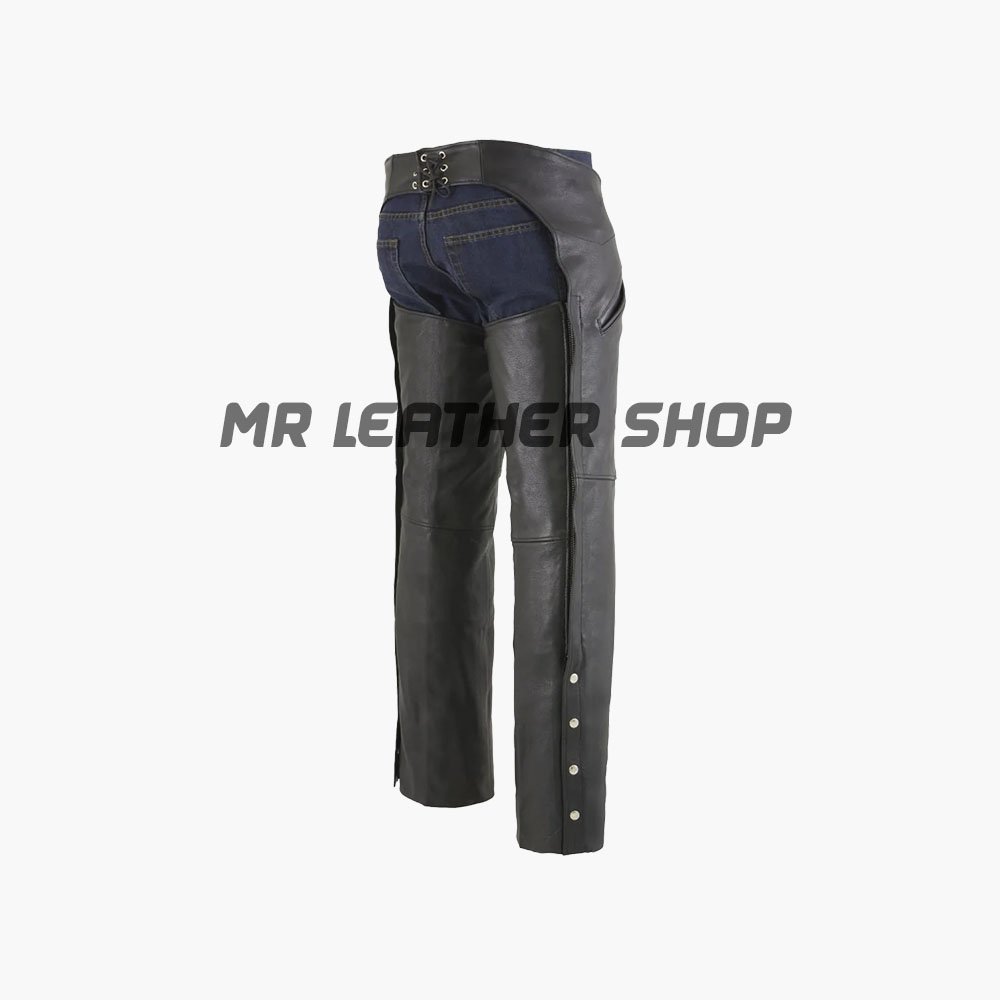 Unisex Black Cowhide Genuine Leather Motorcycle Chaps – Adjustable, CE Approved