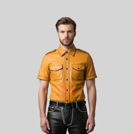 Yellow Leather Shirt With Black Piping