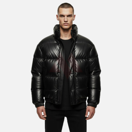 Men’s Black Leather Puffer Jacket
