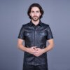 blue piping leather shirt
