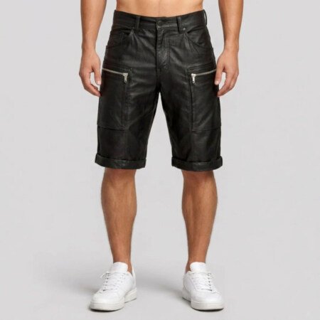 mens black leather shorts